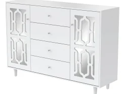 Aparador con 2 puertas con espejo y 4 cajones en MDF - tiradores de cristal - lacado blanco