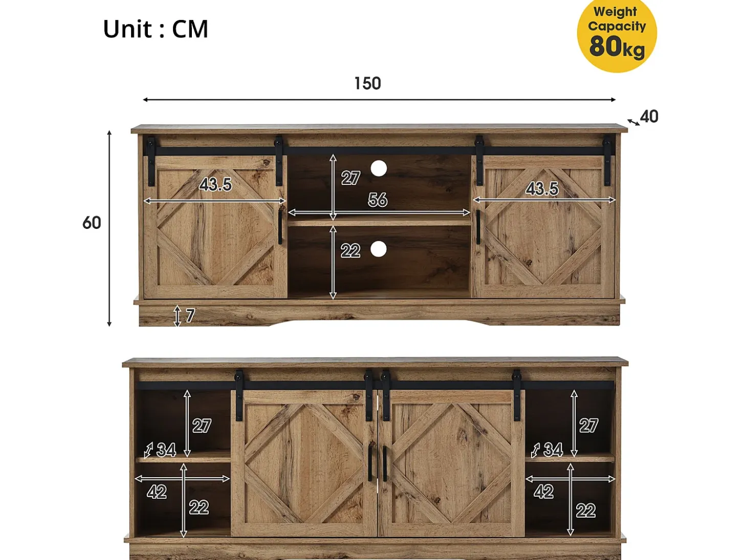 Aparador con 2 puertas correderas + compartimentos - estantes regulables - Natural