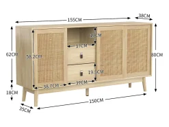 Aparador con 3 puertas correderas de ratán - 155 x 38 x 80 cm - MDF, Tablero de partículas - Color natural