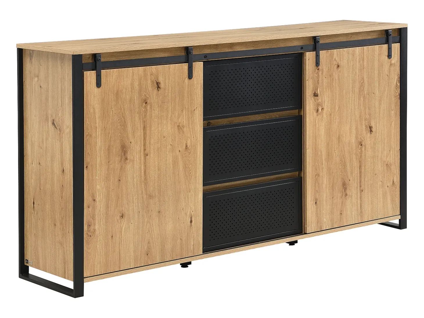 Aparador con 2 puertas correderas y 3 cajones en MDF y metal negro - Natural - BELINARO