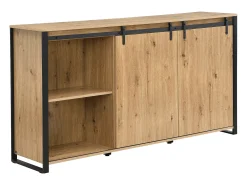 Aparador con 2 puertas correderas y 3 cajones en MDF y metal negro - Natural - BELINARO