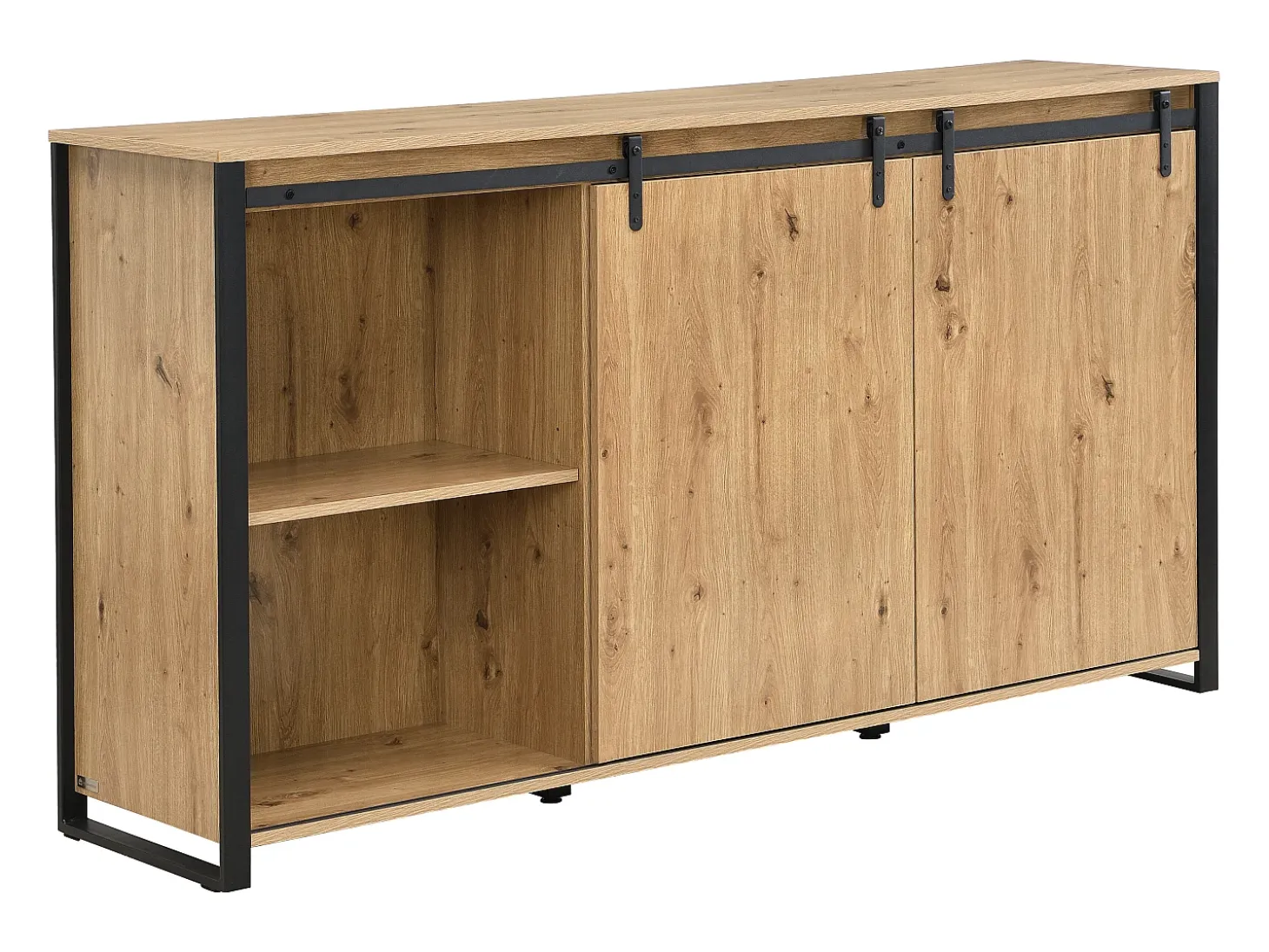 Aparador con 2 puertas correderas y 3 cajones en MDF y metal negro - Natural - BELINARO