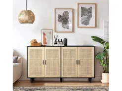 Aparador con 4 puertas de ratán - Madera PB 158x40x88cm - Negro y natural claro