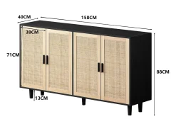 Aparador con 4 puertas de ratán - Madera PB 158x40x88cm - Negro y natural claro