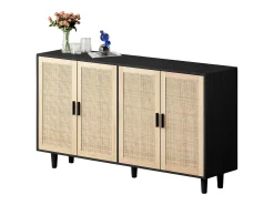 Aparador con 4 puertas de ratán - Madera PB 158x40x88cm - Negro y natural claro