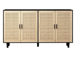 Aparador con 4 puertas de ratán - Madera PB 158x40x88cm - Negro y natural claro