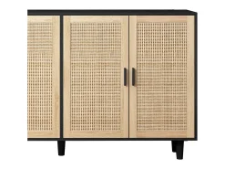 Aparador con 4 puertas de ratán - Madera PB 158x40x88cm - Negro y natural claro