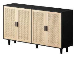 Aparador con 4 puertas de ratán - Madera PB 158x40x88cm - Negro y natural claro