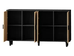 Aparador con 4 puertas de ratán - Madera PB 158x40x88cm - Negro y natural claro