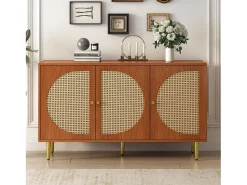 Aparador con 3 puertas de ratán, mueble de almacenaje, con tiradores de metal, para salón, dormitorio y despacho, nogal (129,8x40x76 cm)