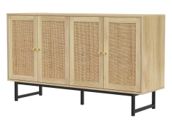 Aparador con 4 puertas de ratán, patas negras, natural 140 x 39,5 x 80 cm.