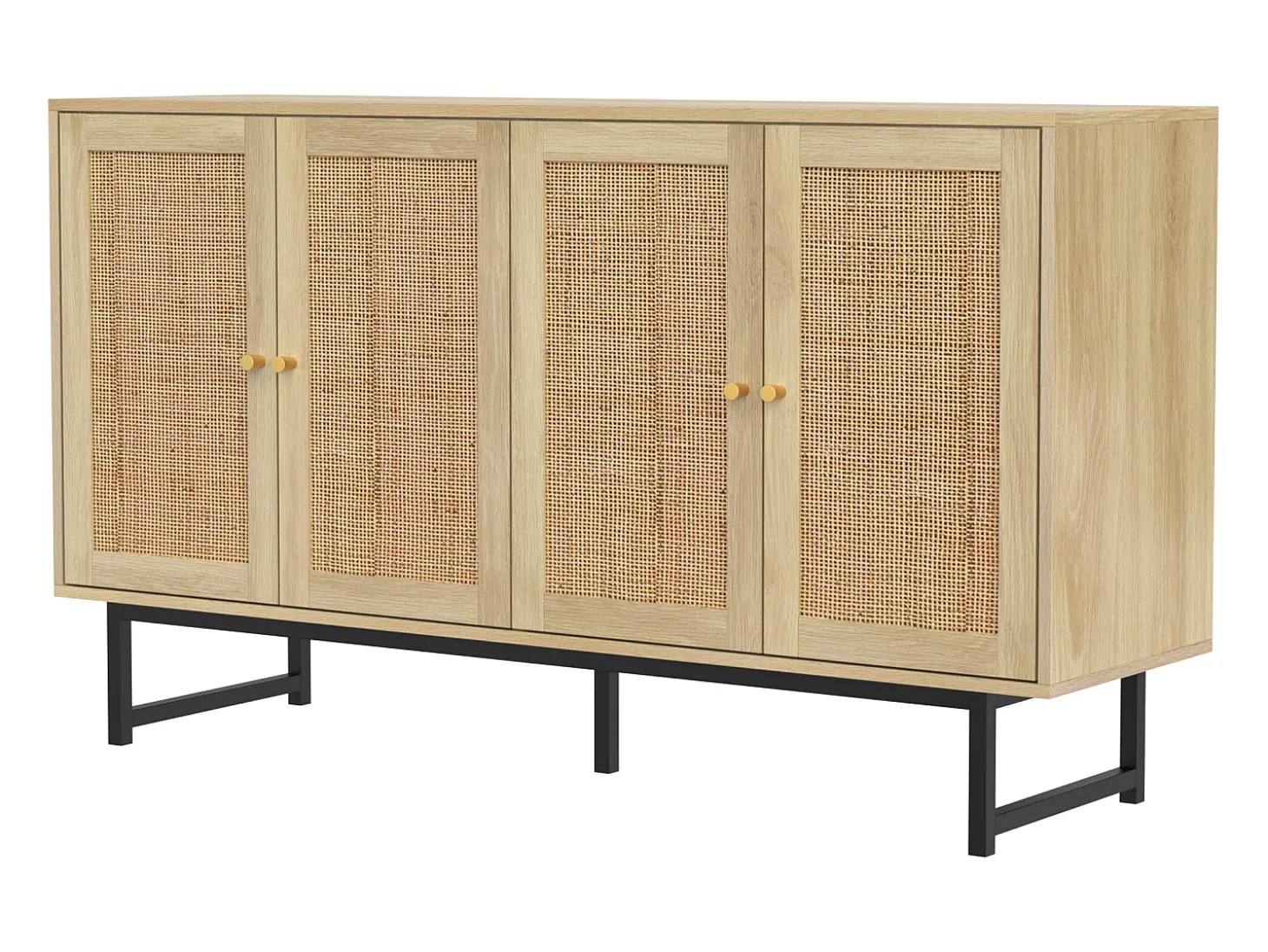 Aparador con 4 puertas de ratán, patas negras, natural 140 x 39,5 x 80 cm.
