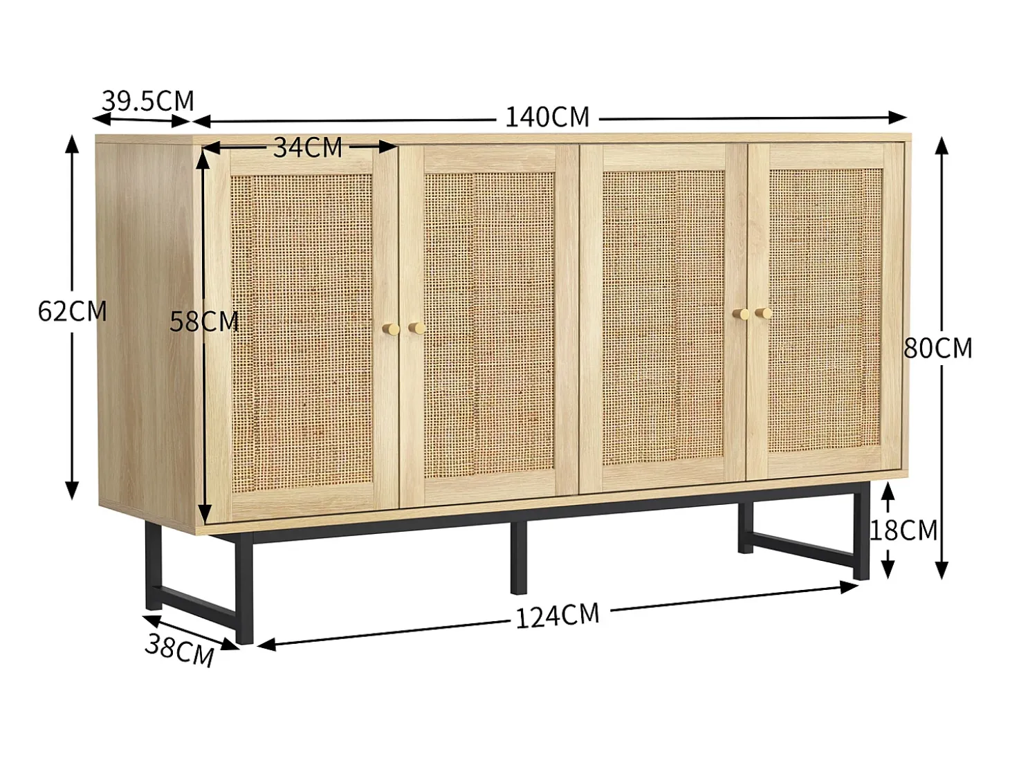 Aparador con 4 puertas de ratán, patas negras, natural 140 x 39,5 x 80 cm.