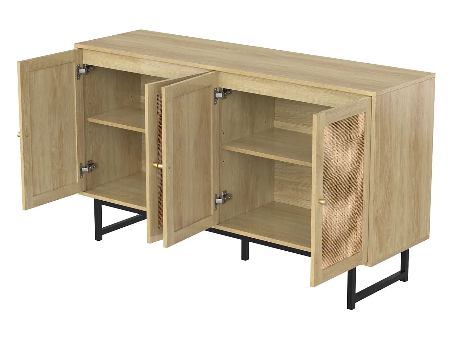 Aparador con 4 puertas de ratán, patas negras, natural 140 x 39,5 x 80 cm.