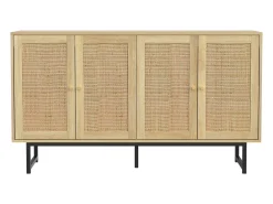 Aparador con 4 puertas de ratán, patas negras, natural 140 x 39,5 x 80 cm.