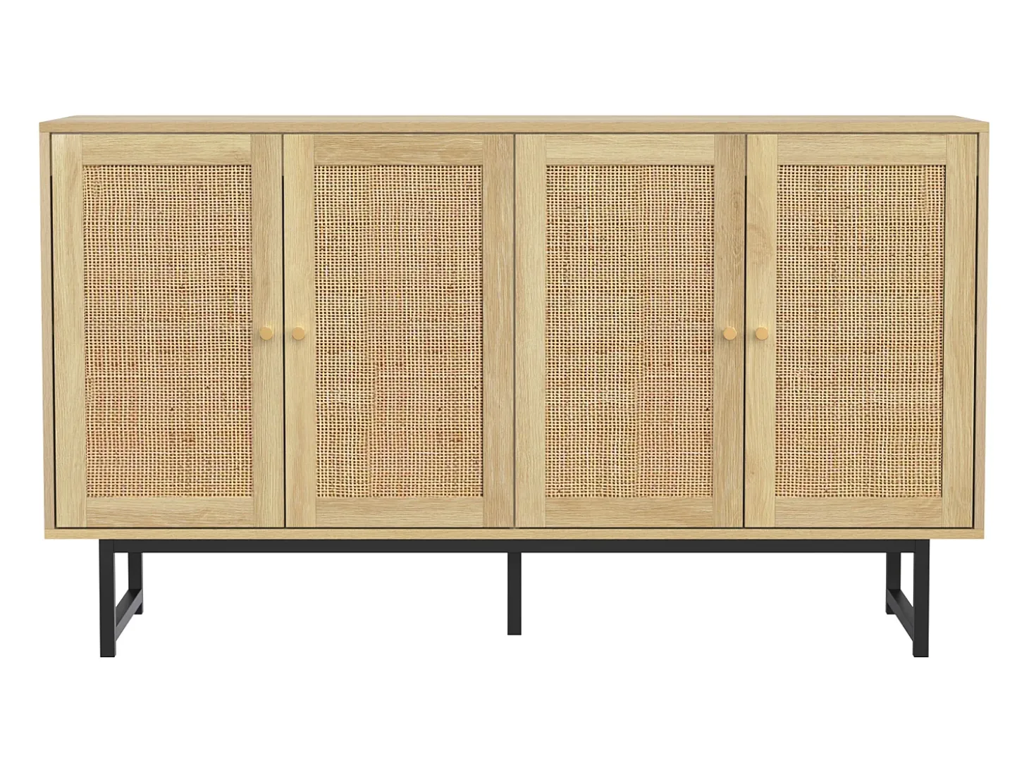 Aparador con 4 puertas de ratán, patas negras, natural 140 x 39,5 x 80 cm.