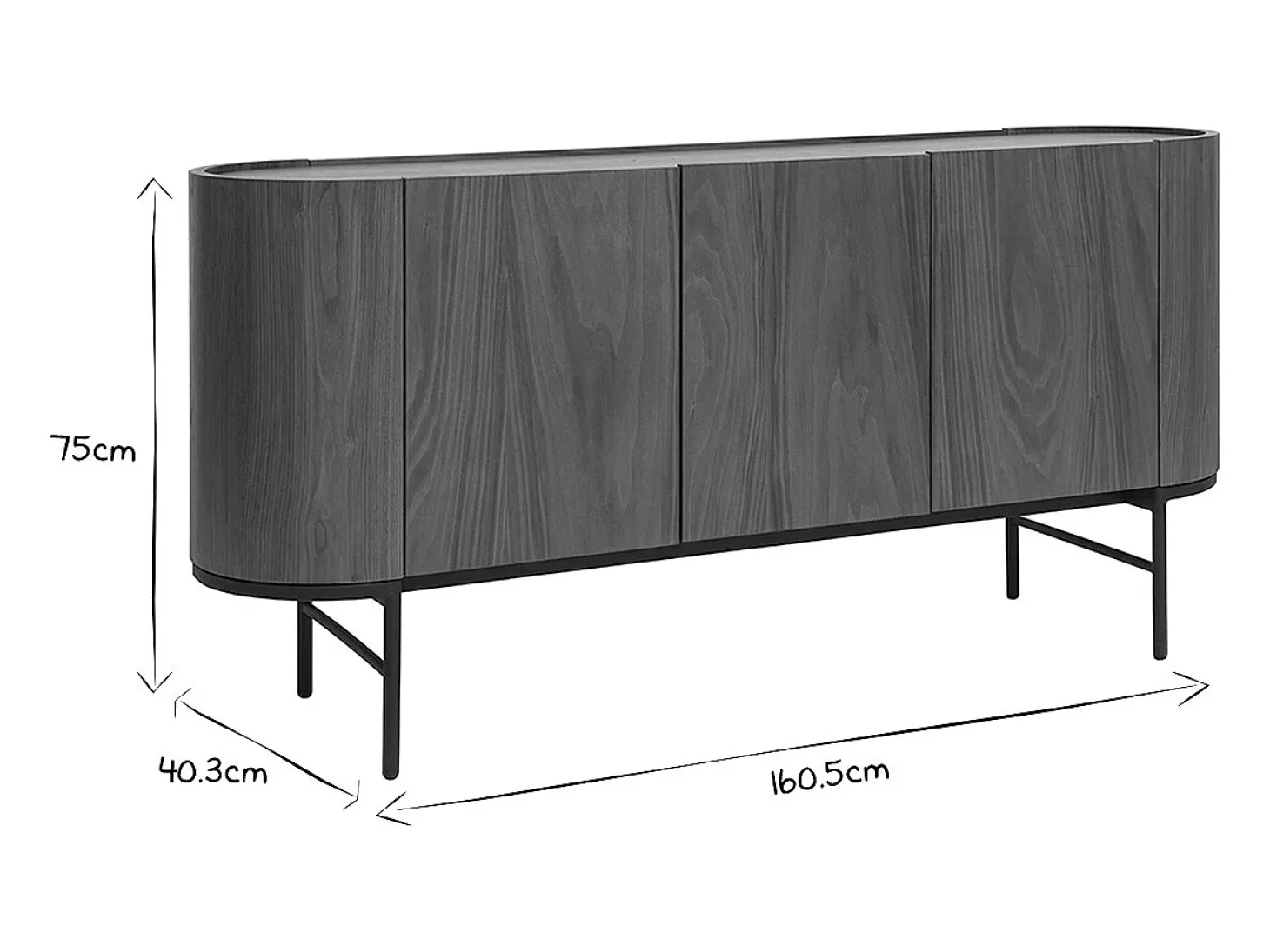 Aparador con 3 puertas de nogal oscuro y metal negro 160 cm SKYE