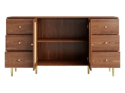 Aparador con 2 puertas de ratán y 6 cajones - 160 x 40 x 90 cm - Madera MDF y patas de metal dorado - Para cocina, hogar - Marrón