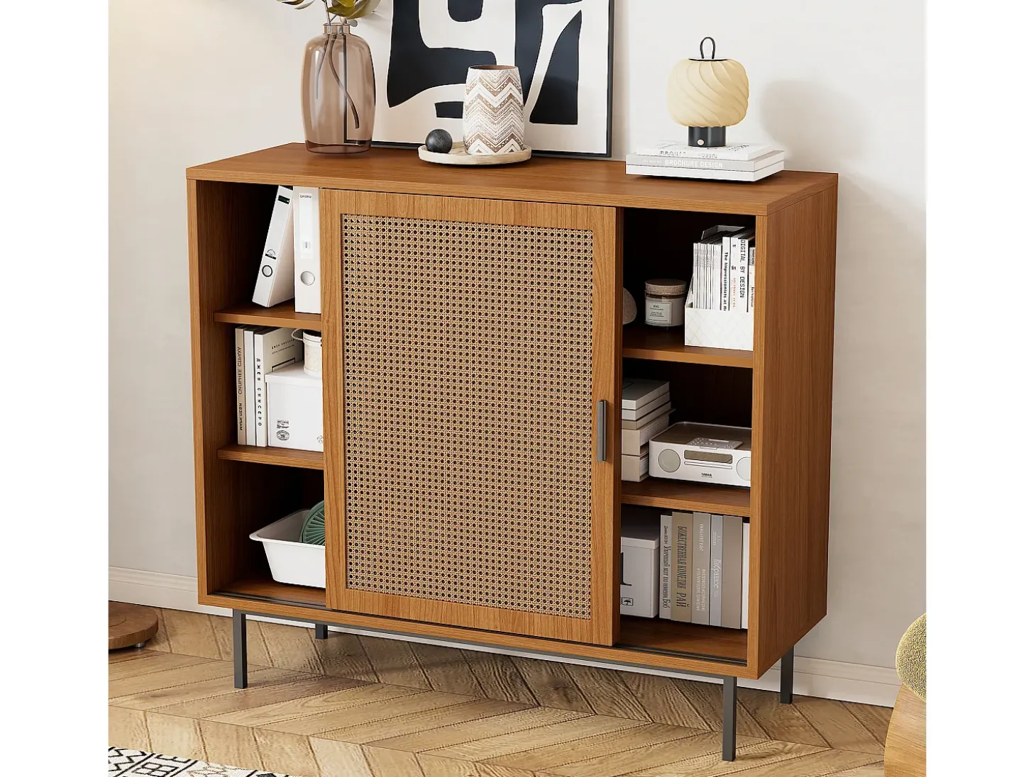 Aparador con 2 puertas, diseño moderno, madera, color nogal, con estantes regulables (100x40x90 cm)