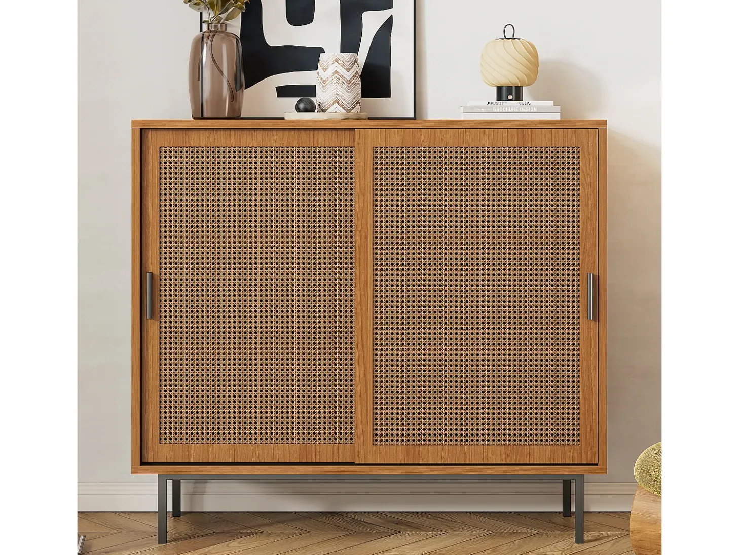 Aparador con 2 puertas, diseño moderno, madera, color nogal, con estantes regulables (100x40x90 cm)
