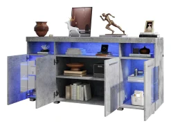 Aparador con 4 puertas e iluminación LED - Madera MDF + cristal templado - Gris cemento