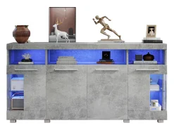 Aparador con 4 puertas e iluminación LED - Madera MDF + cristal templado - Gris cemento