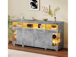 Aparador con 4 puertas e iluminación LED - Madera MDF + cristal templado - Gris cemento