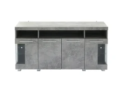 Aparador con 4 puertas e iluminación LED - Madera MDF + cristal templado - Gris cemento