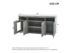 Aparador con 4 puertas e iluminación LED - Madera MDF + cristal templado - Gris cemento