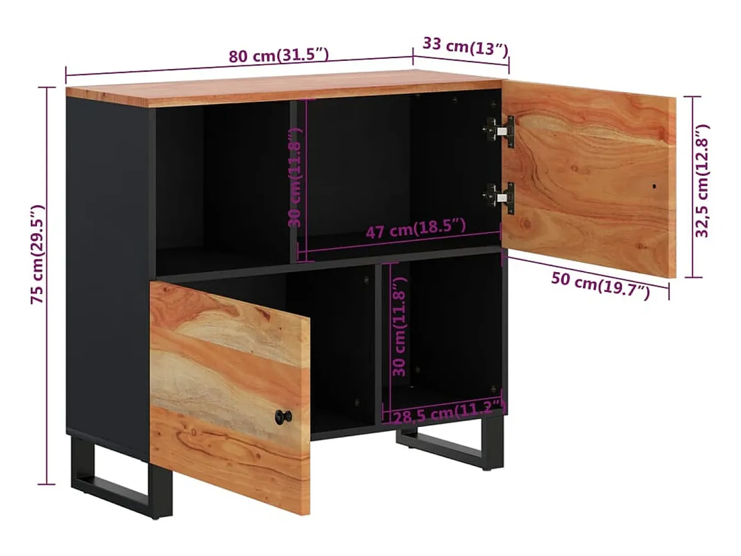 Aparador con 2 puertas madera maciza de acacia 80x33x75 cm