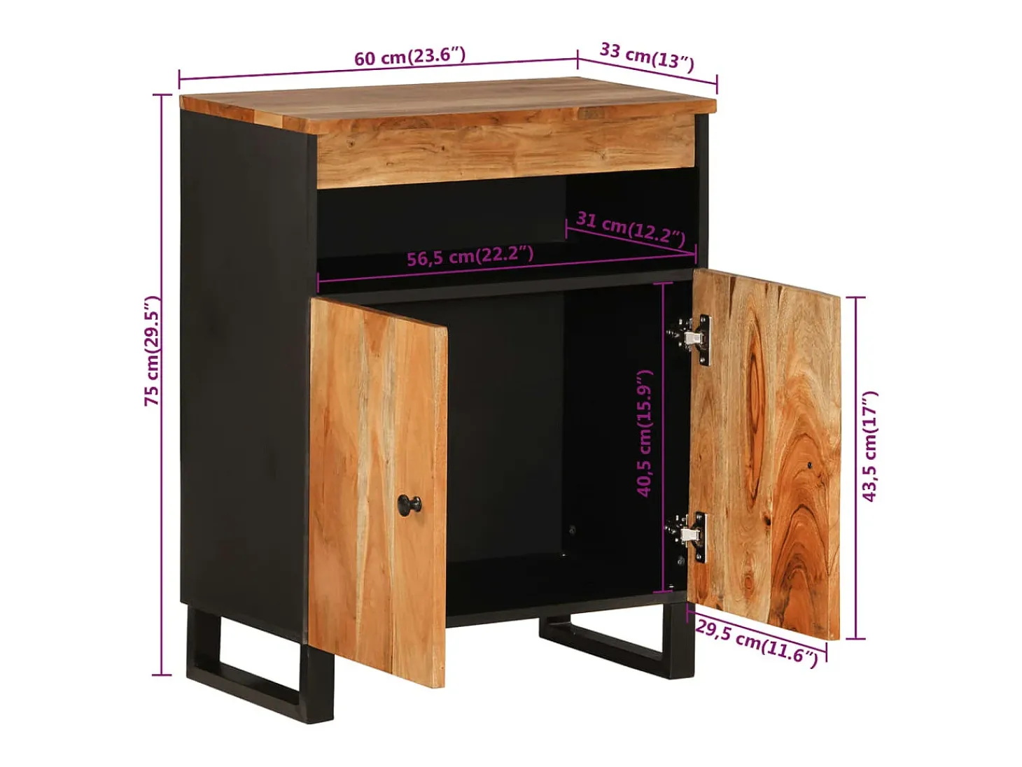 Aparador con 2 puertas madera maciza de acacia 60x33x75 cm