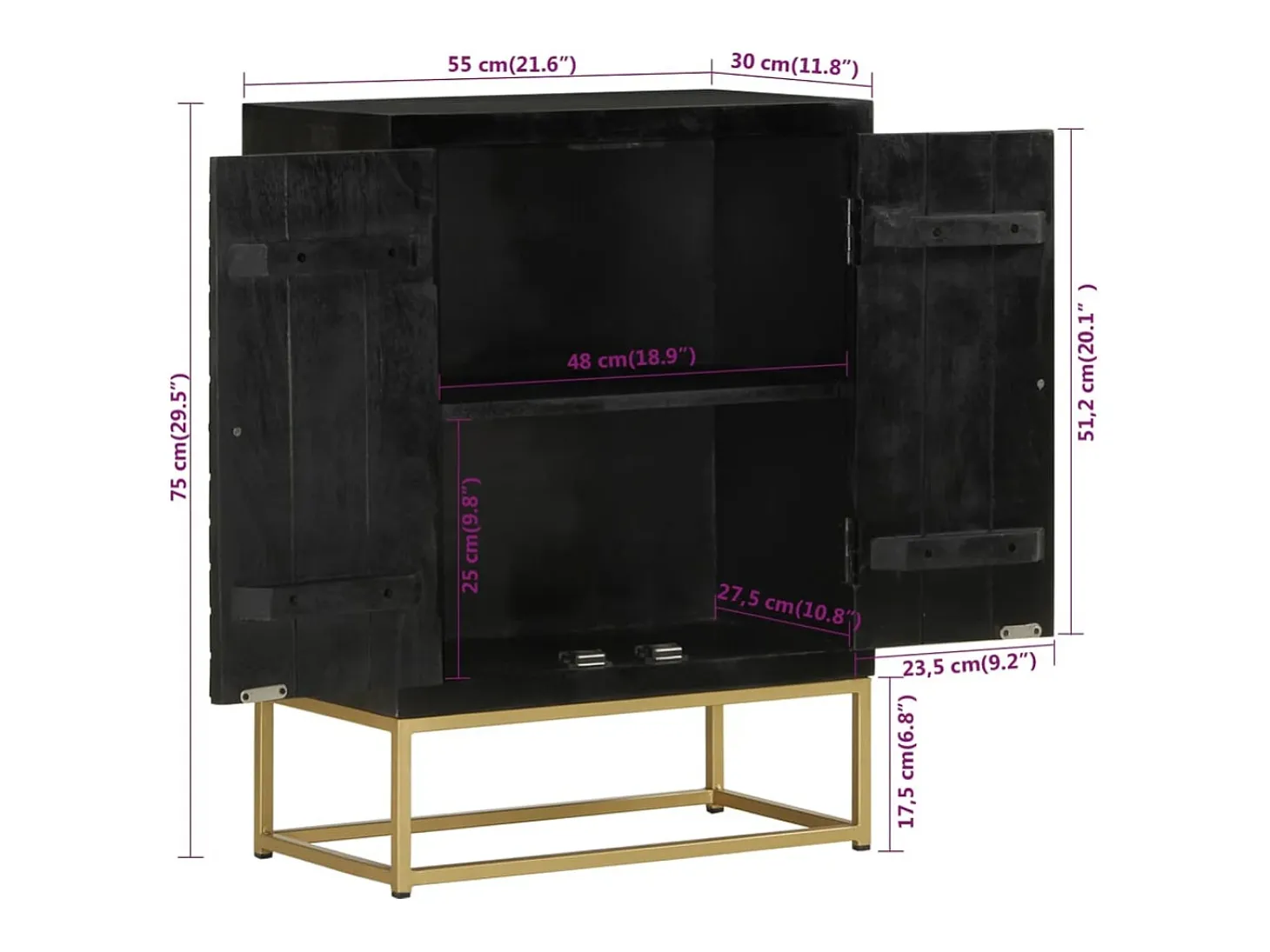 Aparador con 2 puertas negro y dorado 55x30x75 cm madera de mango