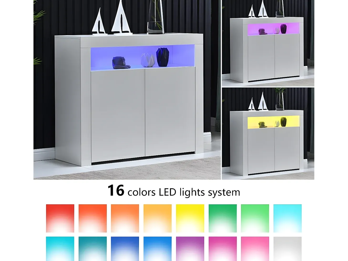 Aparador con 2 puertas y 2 estantes en MDF - con LEDs - lacado blanco