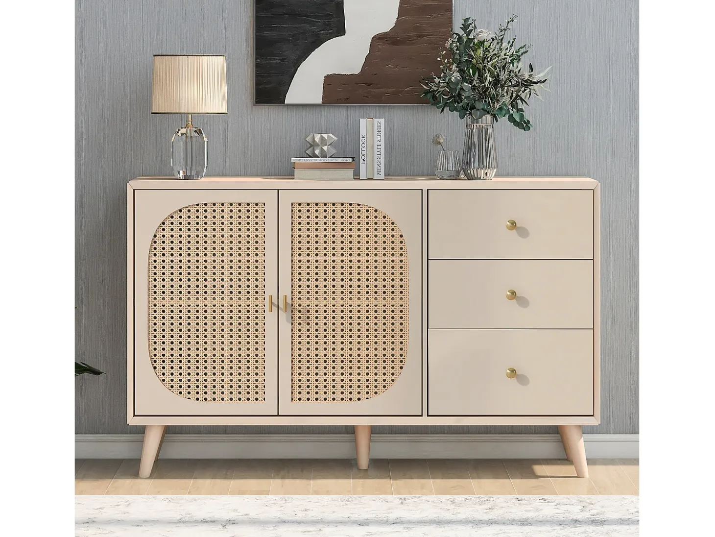 Aparador con 2 puertas y 3 cajones, fabricado en tableros de partículas, color crema (120x40x82,5 cm)