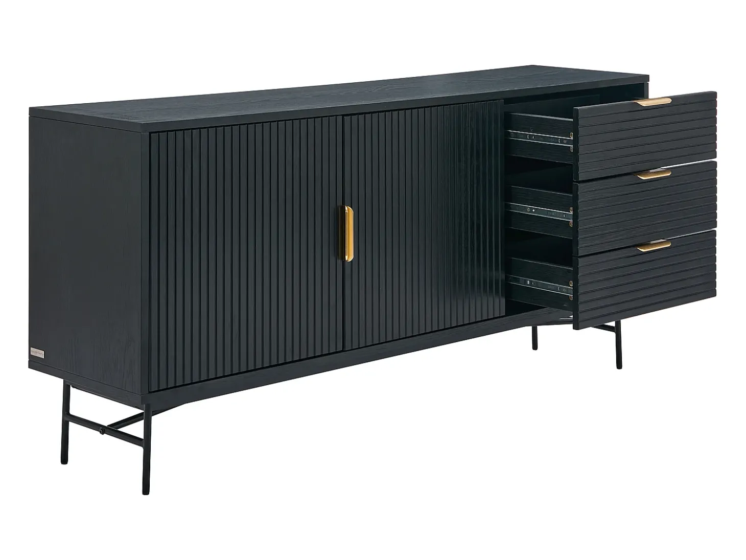 Aparador con 2 puertas y 3 cajones chapado en roble y metal - Negro y Dorado - SIRIOLA