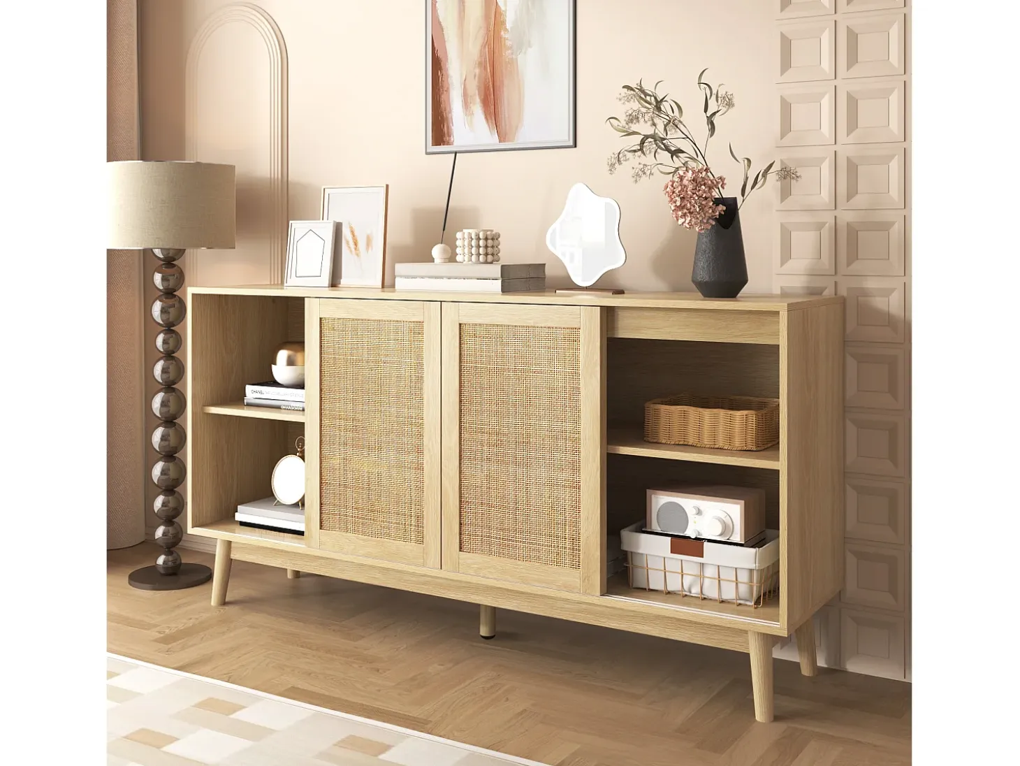 Aparador con 3 puertas y 2 cajones - puerta corredera de ratán - mueble de almacenaje de madera - color madera (155x38x80 cm)