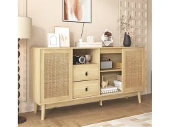 Aparador con 3 puertas y 2 cajones - puerta corredera de ratán - mueble de almacenaje de madera - color madera (155x38x80 cm)