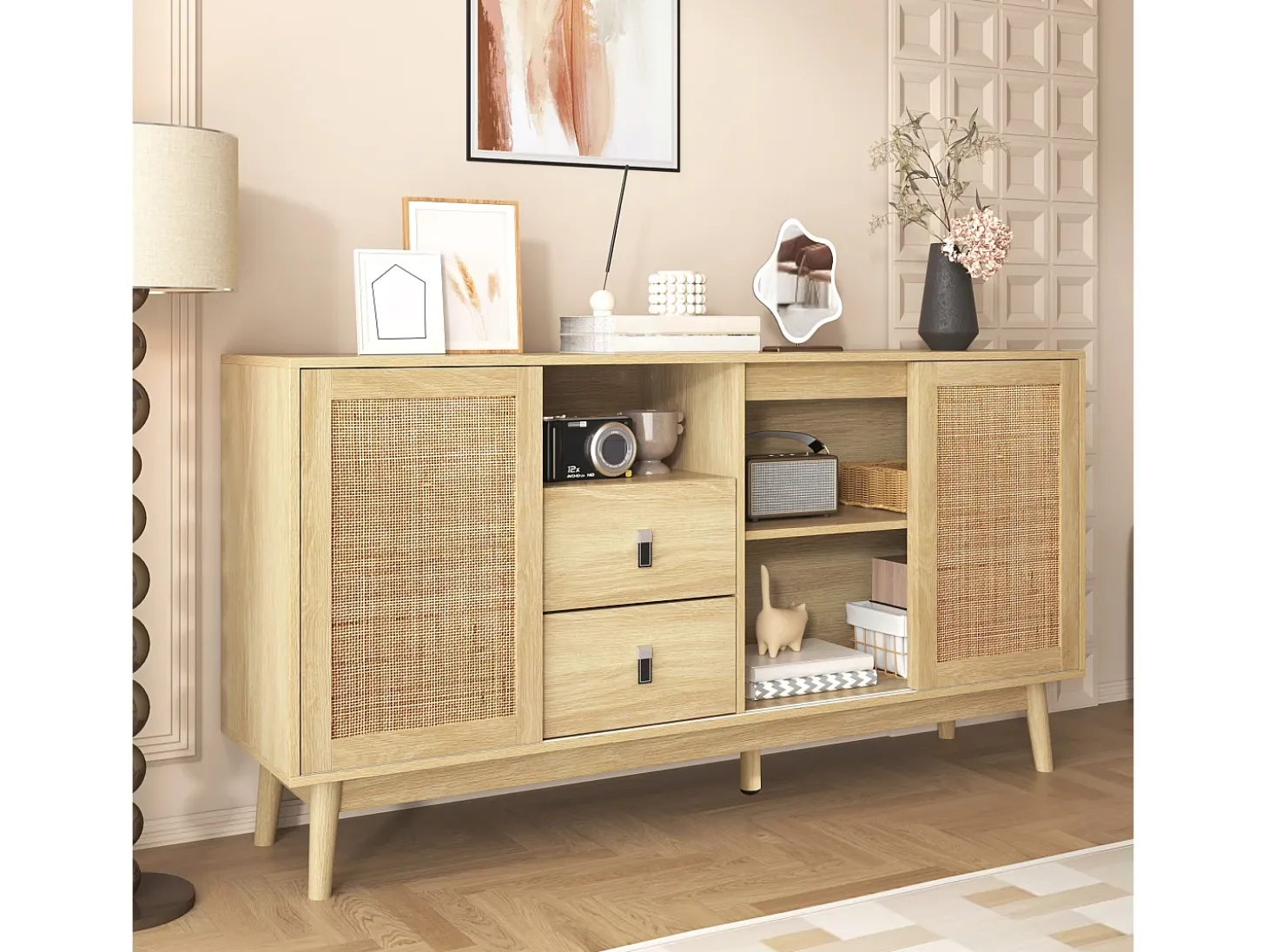 Aparador con 3 puertas y 2 cajones - puerta corredera de ratán - mueble de almacenaje de madera - color madera (155x38x80 cm)