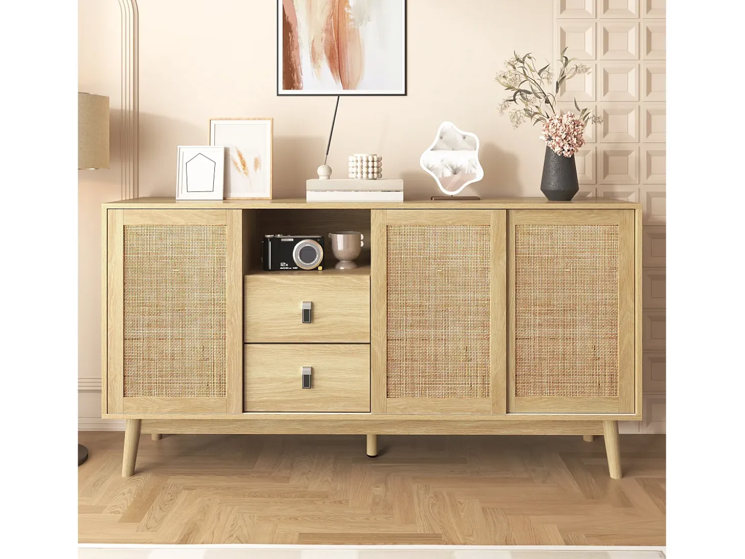 Aparador con 3 puertas y 2 cajones - puerta corredera de ratán - mueble de almacenaje de madera - color madera (155x38x80 cm)