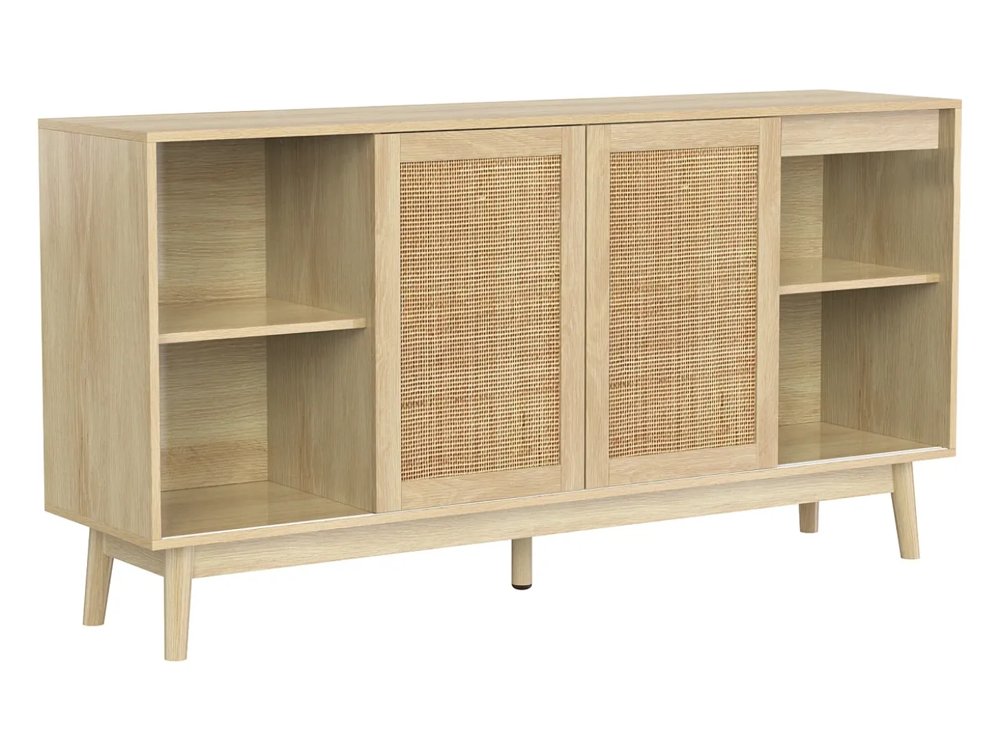 Aparador con 3 puertas y 2 cajones - puerta corredera de ratán - mueble de almacenaje de madera - color madera (155x38x80 cm)