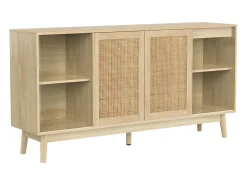 Aparador con 3 puertas y 2 cajones - puerta corredera de ratán - mueble de almacenaje de madera - color madera (155x38x80 cm)