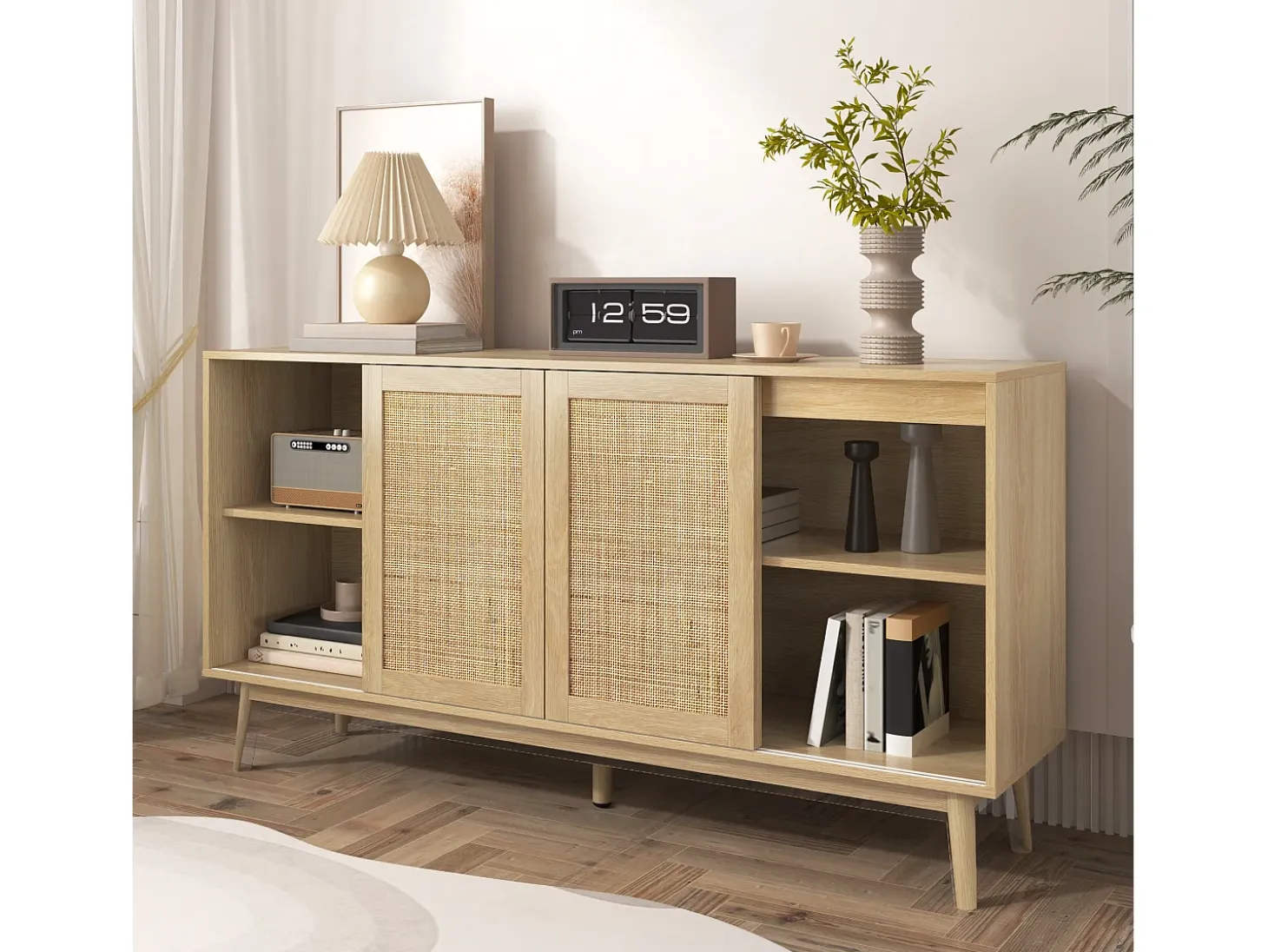 Aparador con 3 puertas y 2 cajones - puerta corredera de ratán - mueble de almacenaje de madera - color madera (155x38x80 cm)