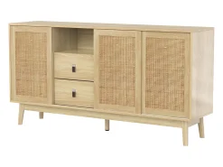 Aparador con 3 puertas y 2 cajones - puerta corredera de ratán - mueble de almacenaje de madera - color madera (155x38x80 cm)