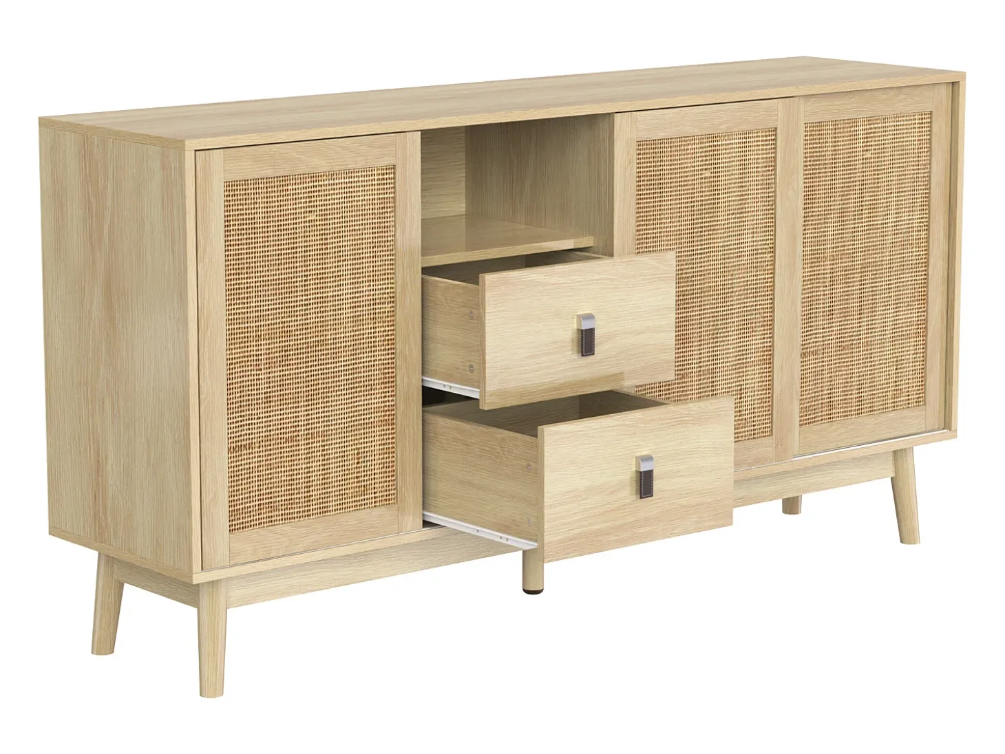Aparador con 3 puertas y 2 cajones - puerta corredera de ratán - mueble de almacenaje de madera - color madera (155x38x80 cm)