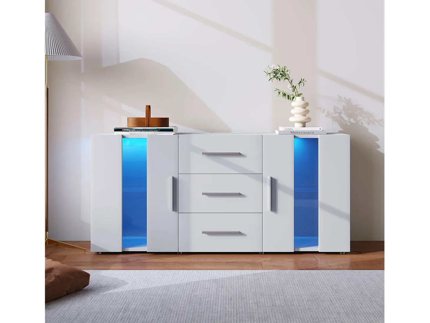 Aparador con 2 puertas y 3 cajones - LEDs - Madera MDF - para salón, comedor - blanco