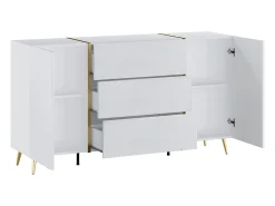 Aparador con 2 puertas y 3 cajones - Blanco brillo y dorado - MARZIALO