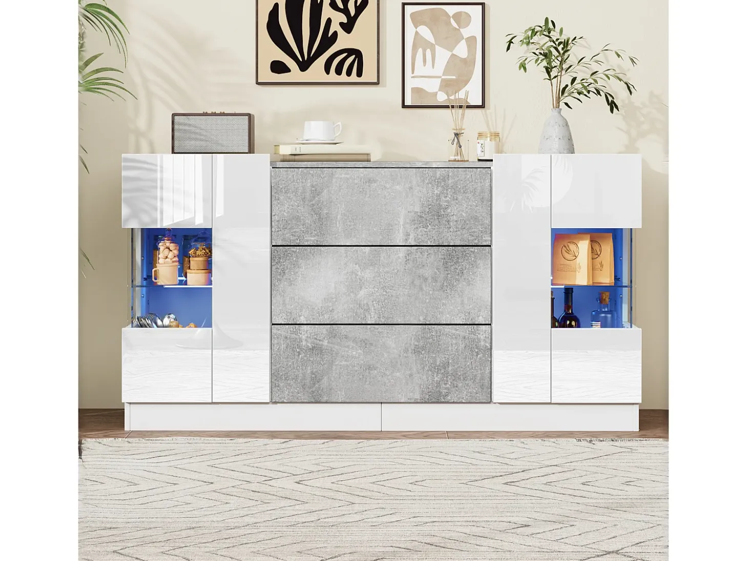 Aparador con 2 puertas y 3 cajones, diseño moderno, MDF y cristal, efecto mármol blanco y gris (140x35x75 cm)