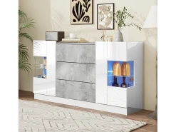 Aparador con 2 puertas y 3 cajones, diseño moderno, MDF y cristal, efecto mármol blanco y gris (140x35x75 cm)