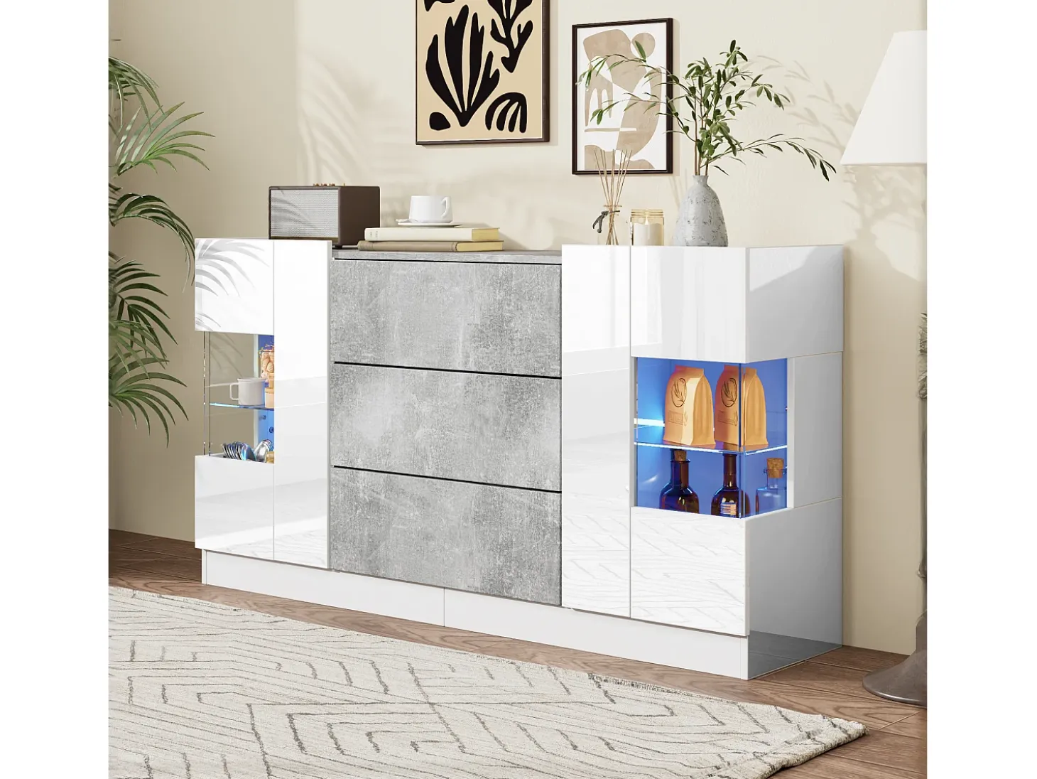 Aparador con 2 puertas y 3 cajones, diseño moderno, MDF y cristal, efecto mármol blanco y gris (140x35x75 cm)