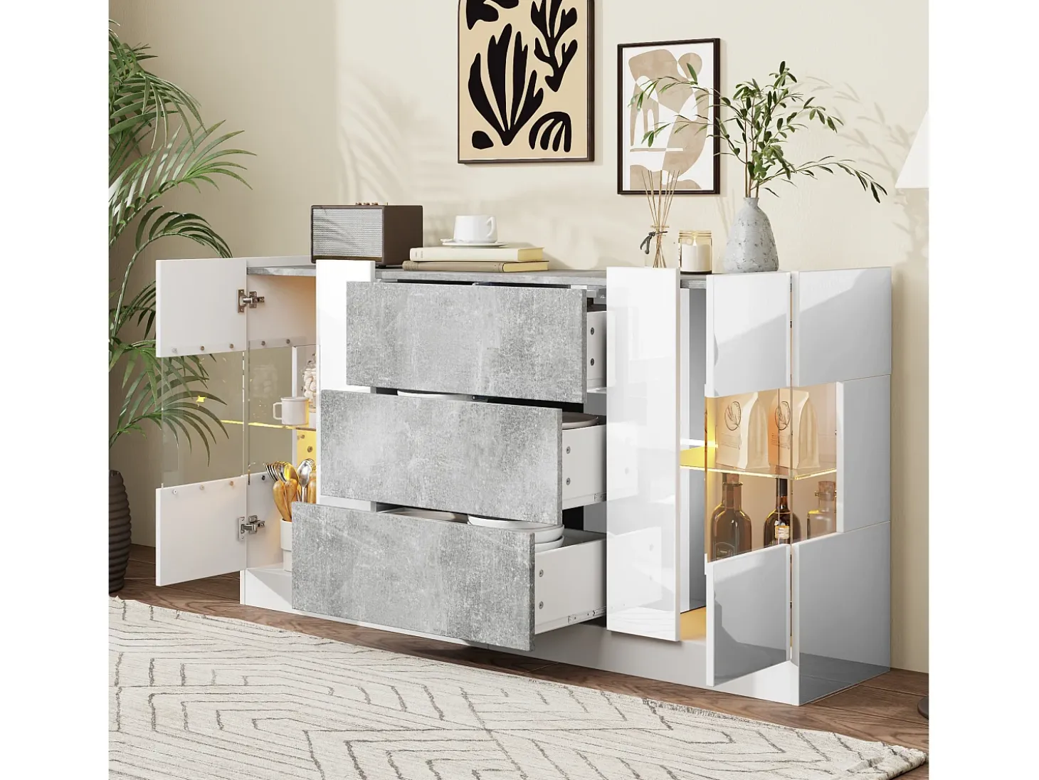 Aparador con 2 puertas y 3 cajones, diseño moderno, MDF y cristal, efecto mármol blanco y gris (140x35x75 cm)